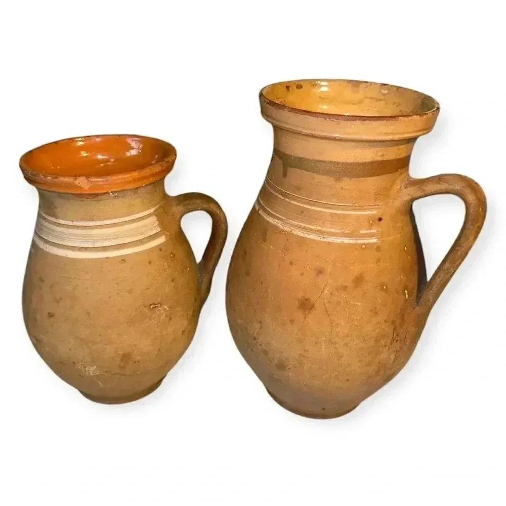 Vintage terracotta Clay Jugs with Handles - Rustic Handmade Pottery Set of 2